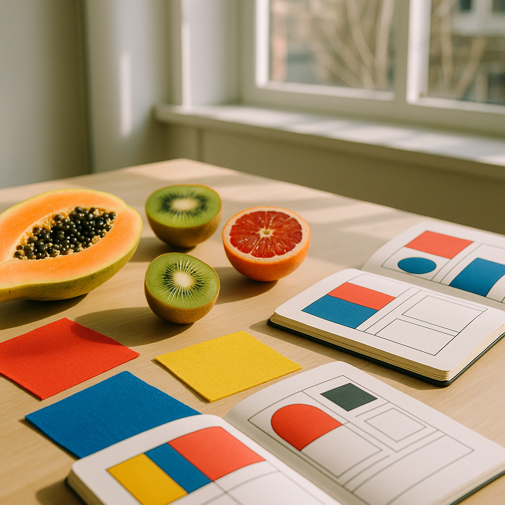 Flat lay of fruit and colour-blocked design swatches illustrating colour blocking in design