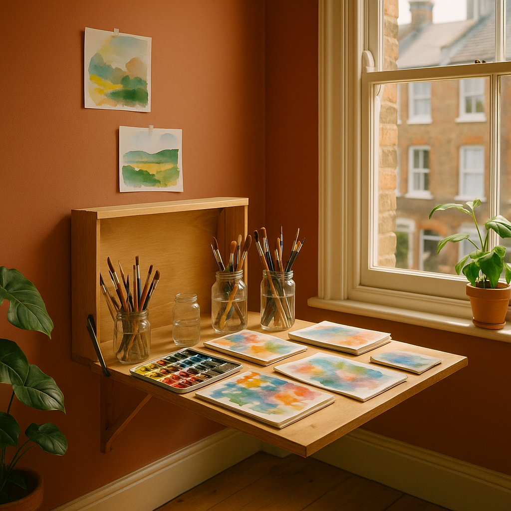 A colourful home art studio corner with watercolour paints and sketchbooks on a wooden desk