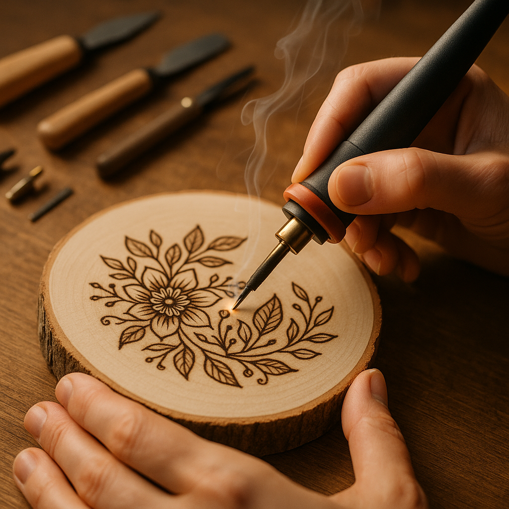 Close-up of hands using a pyrography pen for wood burning art on a birch disc
