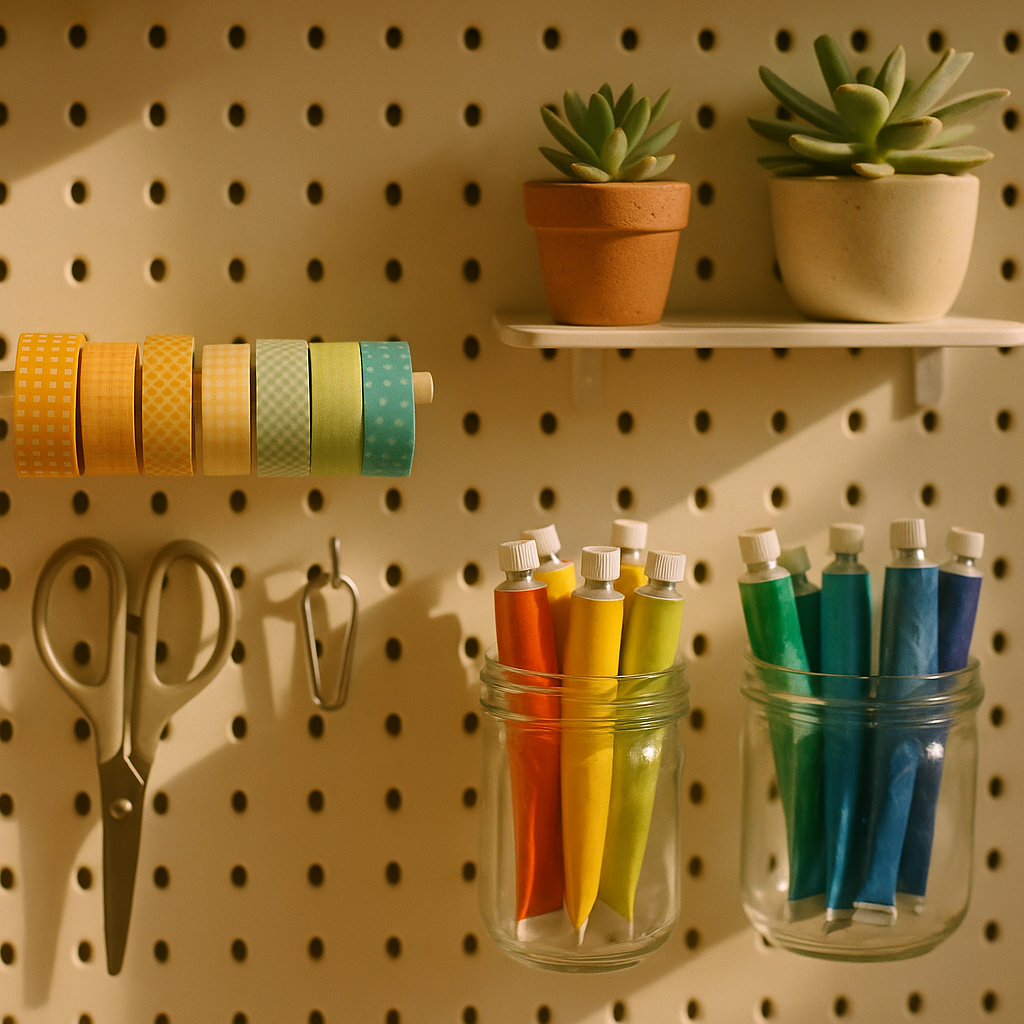 Close-up of organised art supplies on a pegboard in a home art studio corner