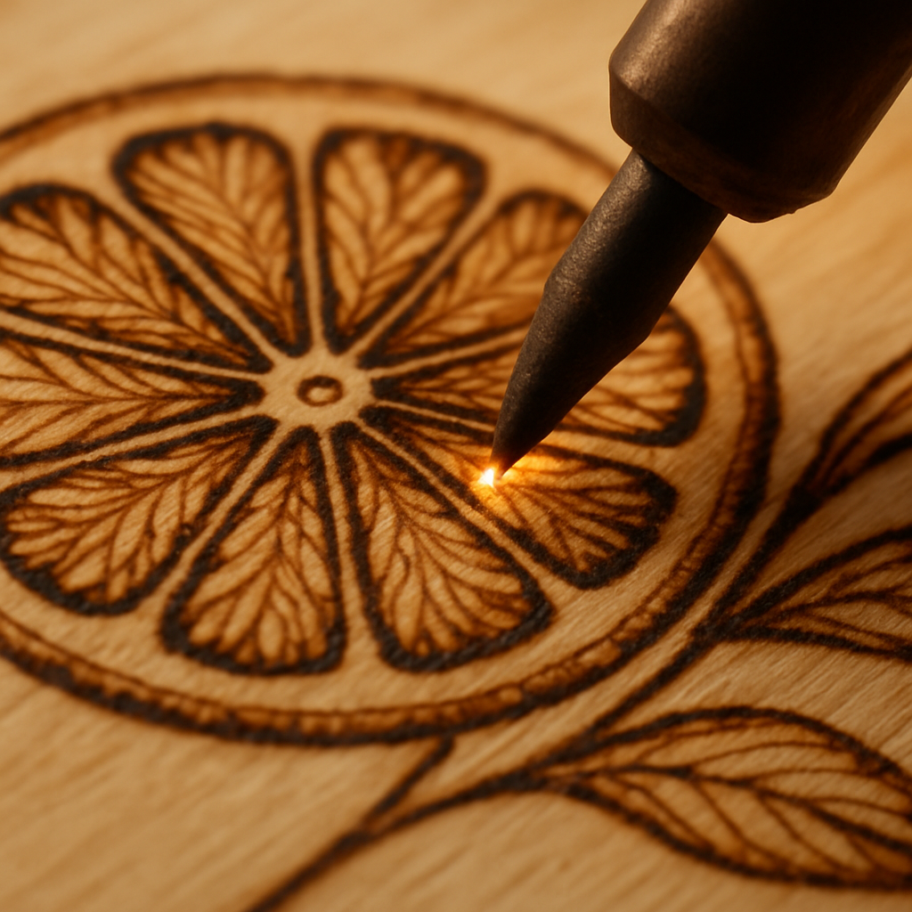 Macro detail of a wood burning art pyrography tip creating fruit patterns on pale basswood