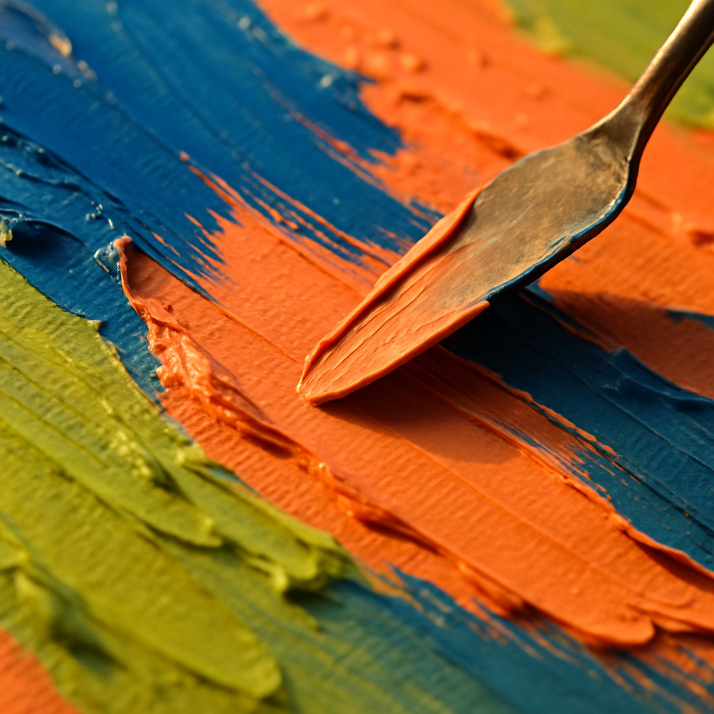 Palette knife spreading thick expressive abstract art paint in vivid jewel tones on canvas