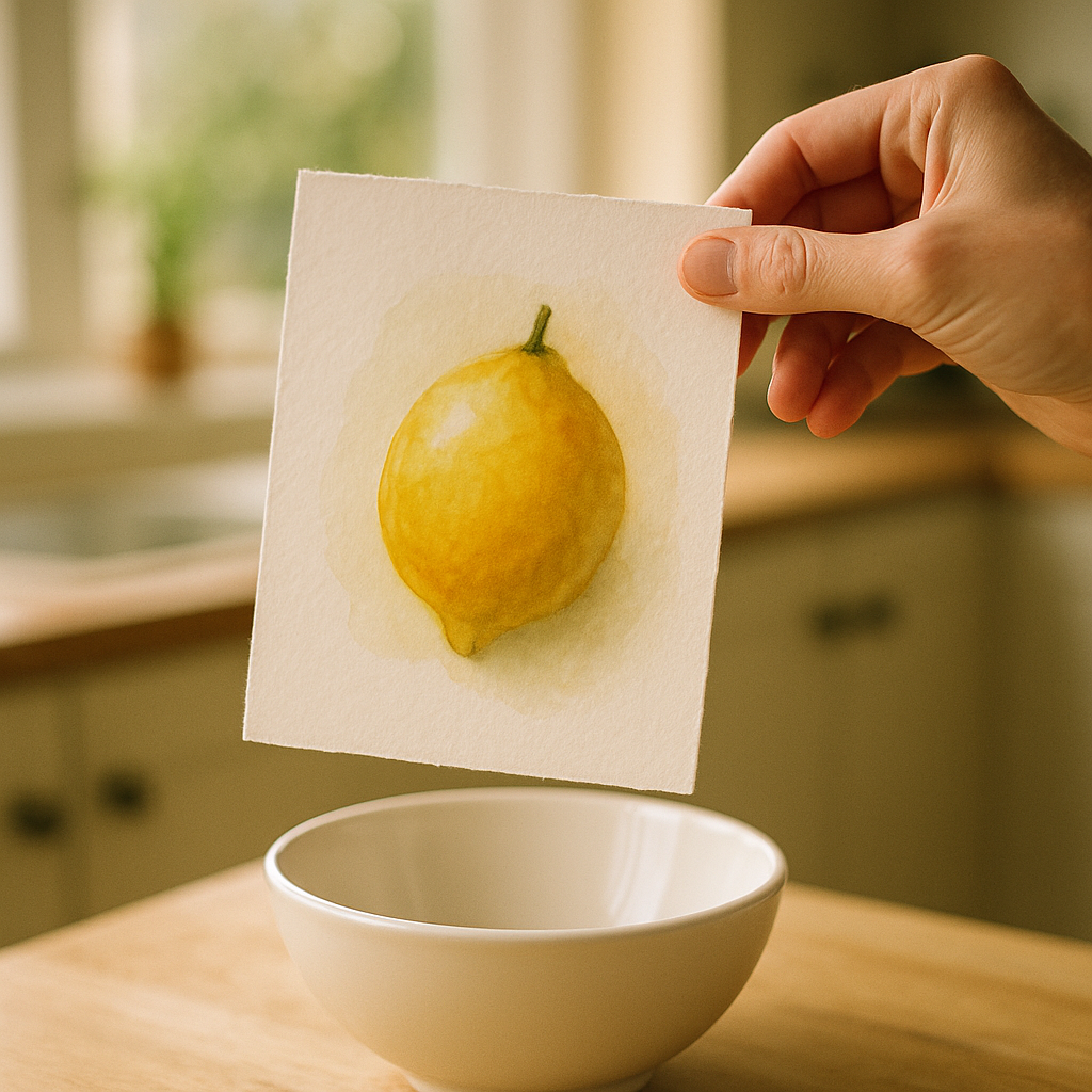Artist holding a vibrant lemon watercolour print, detail shot for selling fruit themed artwork online