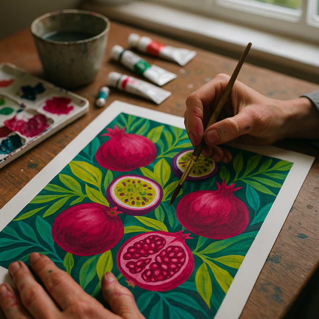 Artist painting detailed maximalist art trend 2026 fruit illustration in a home studio