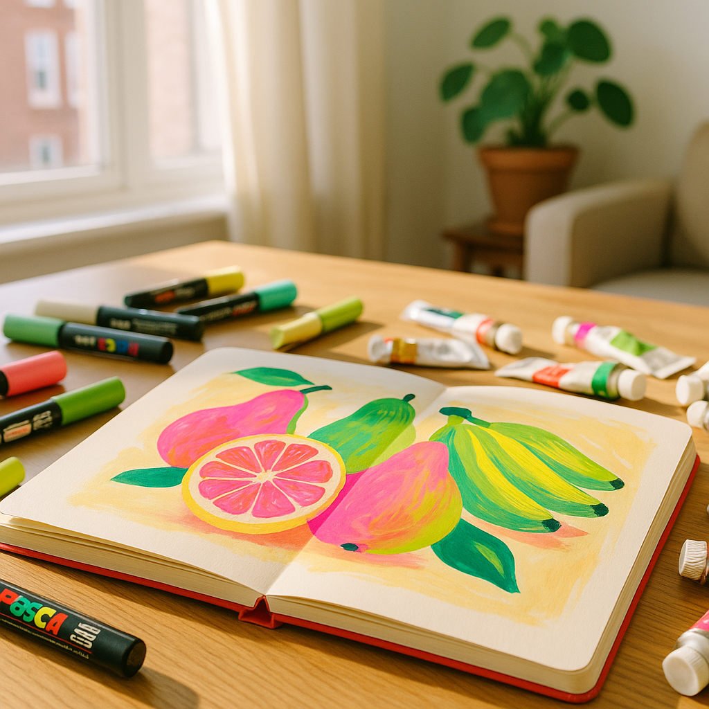 Artist's desk with vibrant fruit illustration showcasing neon colours in illustration tips alongside gouache and pens