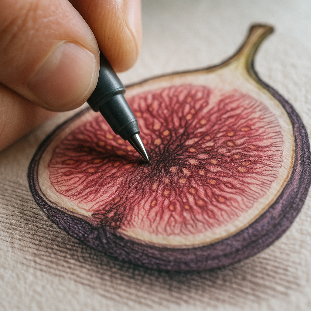 Close-up of fine-liner hatching technique in botanical illustration felt tip pens UK style on a fig cross-section drawing