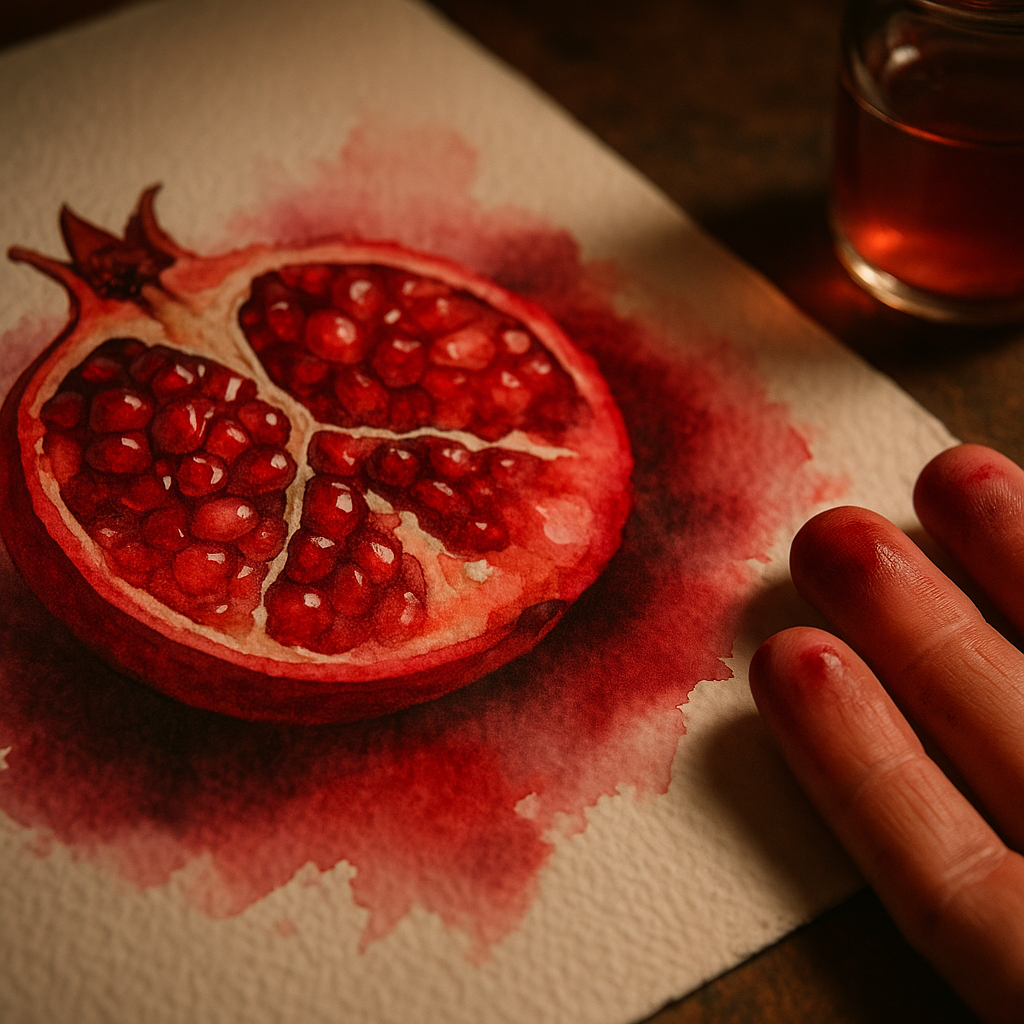 Close-up of wet-on-wet watercolour fruit illustration beginners technique showing pomegranate blending