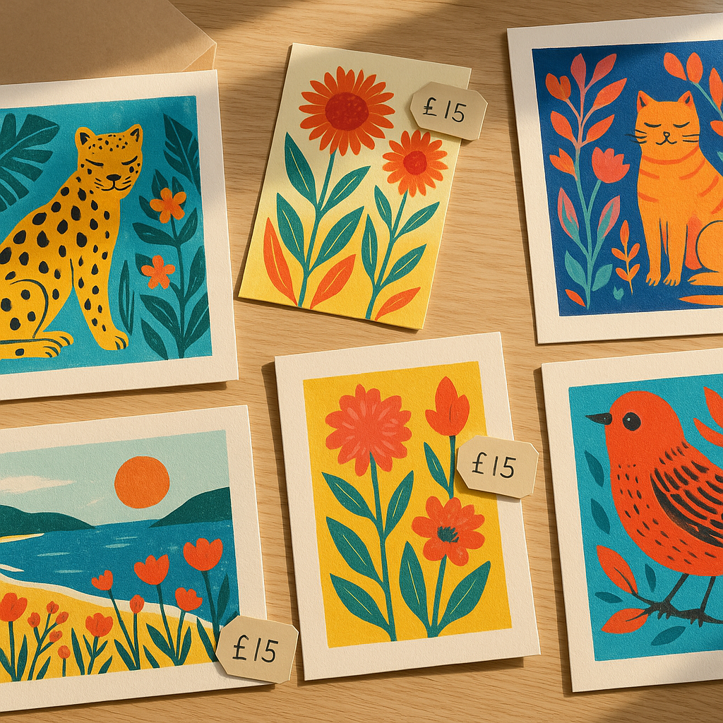 Colourful art prints laid out for online selling, illustrating how to sell art online