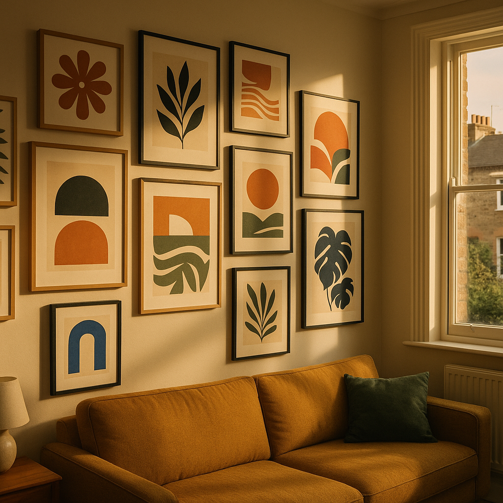 Colourful gallery wall of bold art prints arranged on a living room wall in a British home