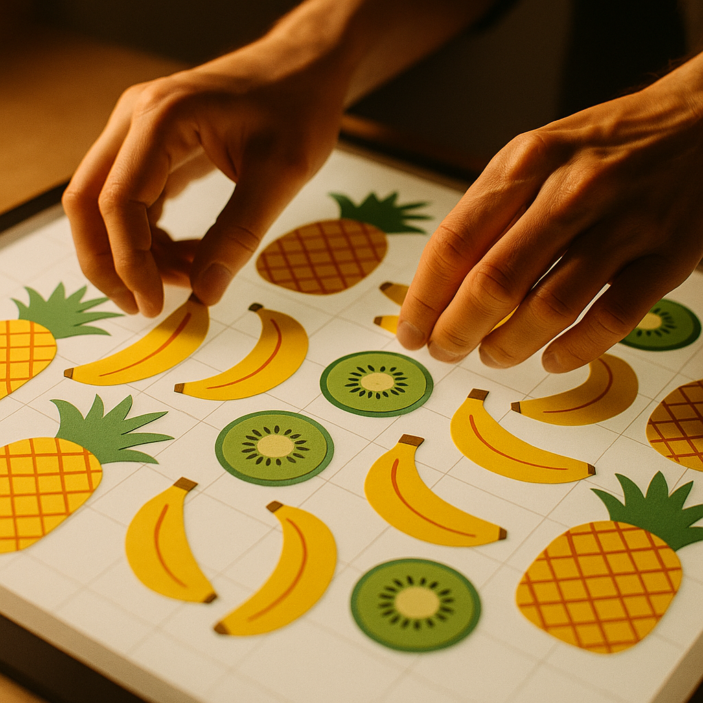 Designer arranging tropical fruit pattern design tutorial motifs into a repeat tile on a lightbox