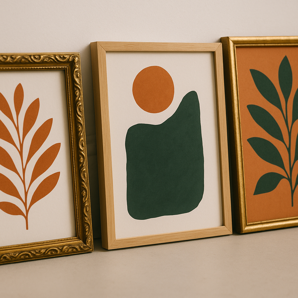 Detail shot of colourful gallery wall art prints with botanical and abstract designs in warm tones