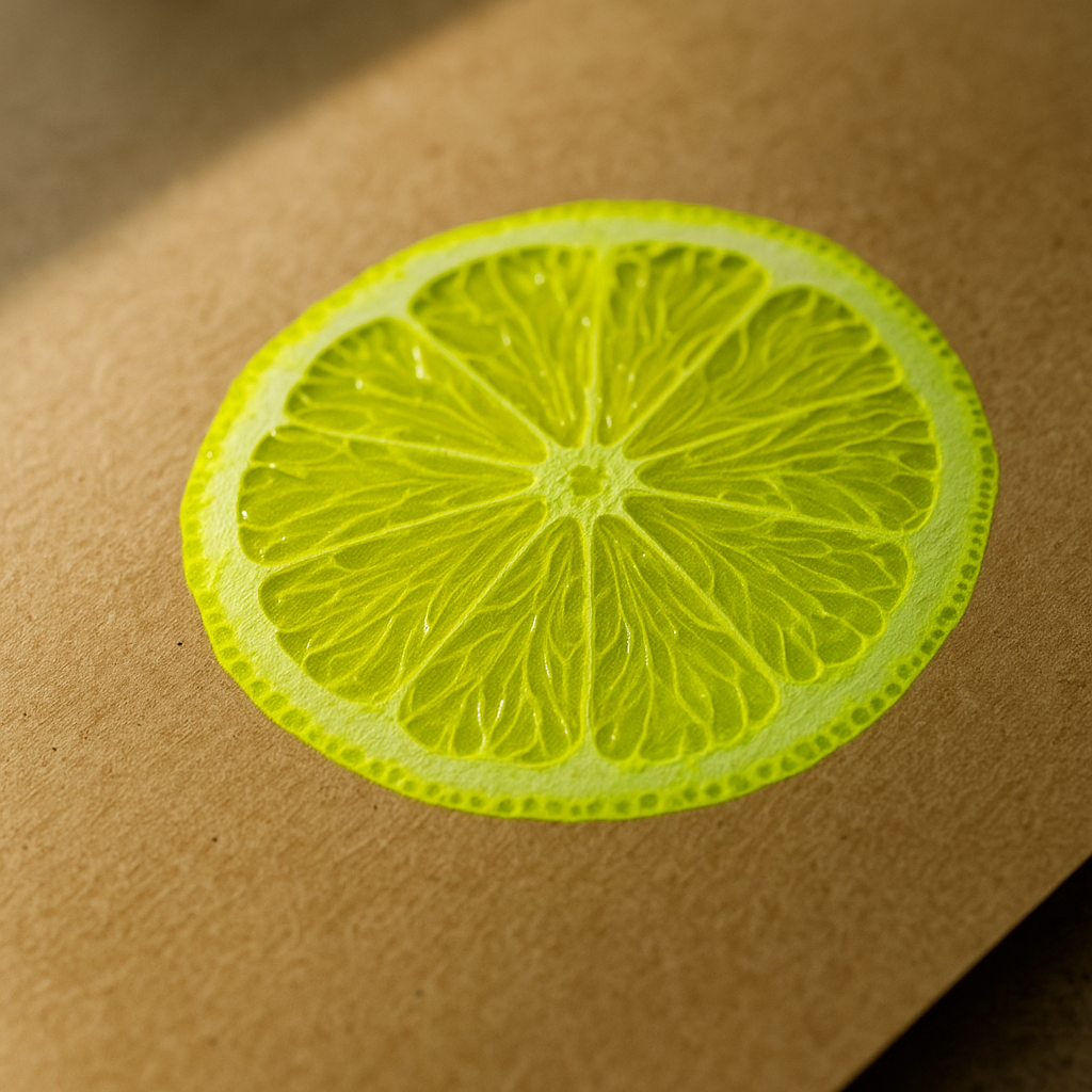 Close-up of a lemon half stamp print on kraft paper, showcasing the detail achievable in DIY fruit stamp wrapping paper
