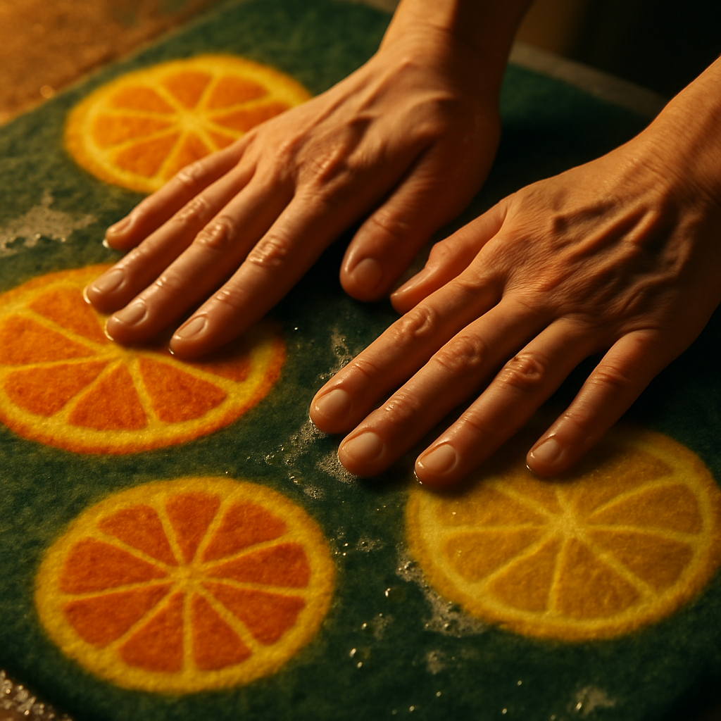 Close-up of hands working a wet felting for beginners fruit-shaped panel with soap and water