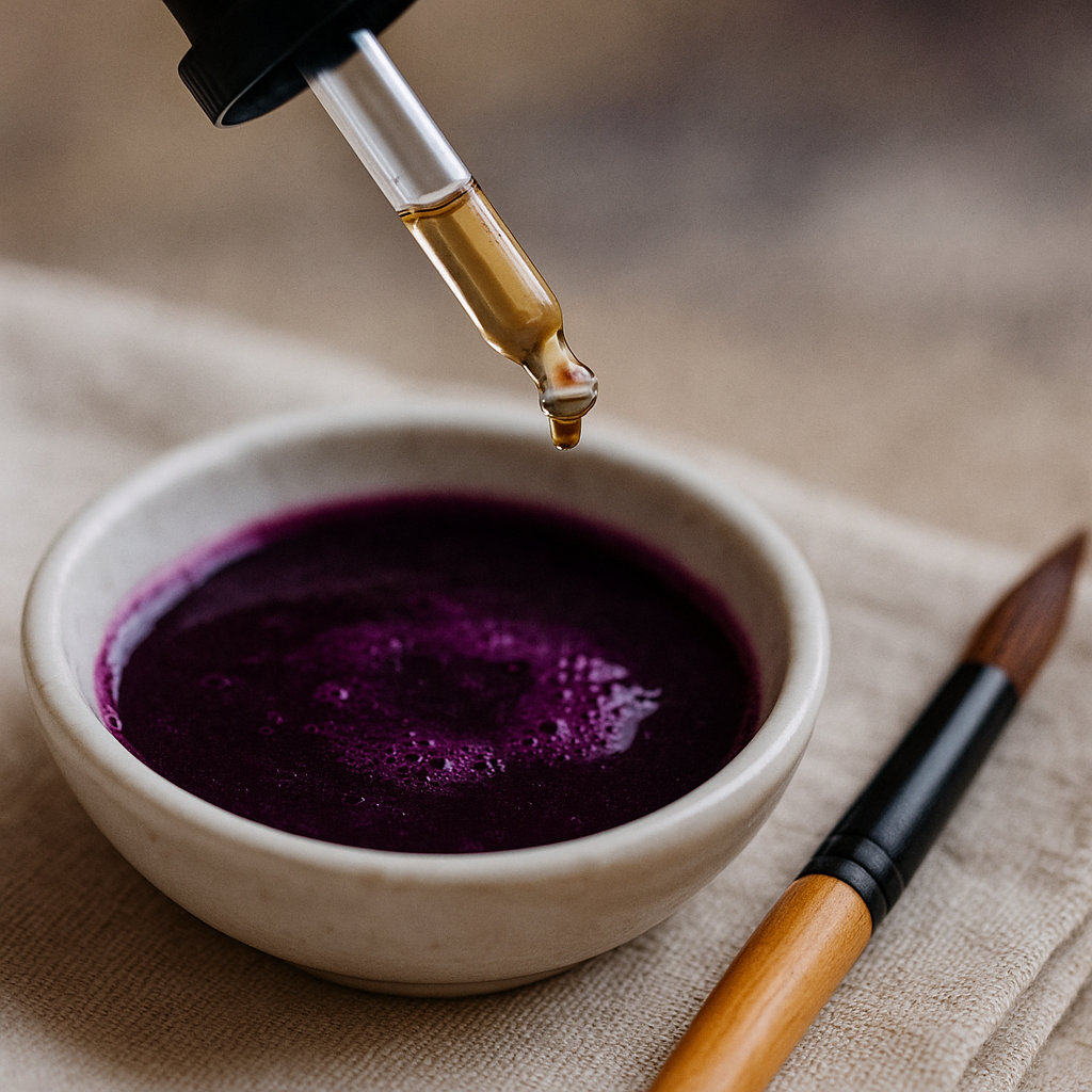 Close-up of natural pigments watercolour UK preparation with blackberry reduction and gum arabic