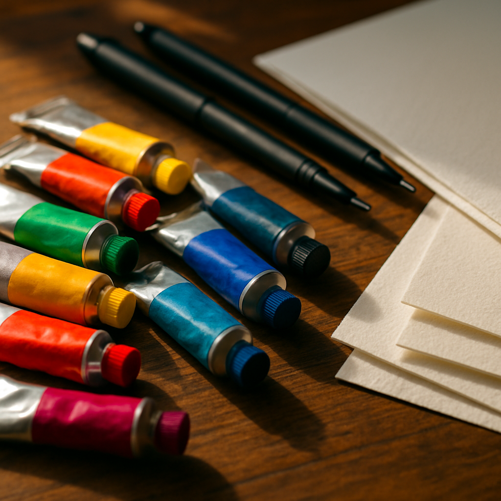 Close-up of vibrant paints and papers from the best art supply shops UK